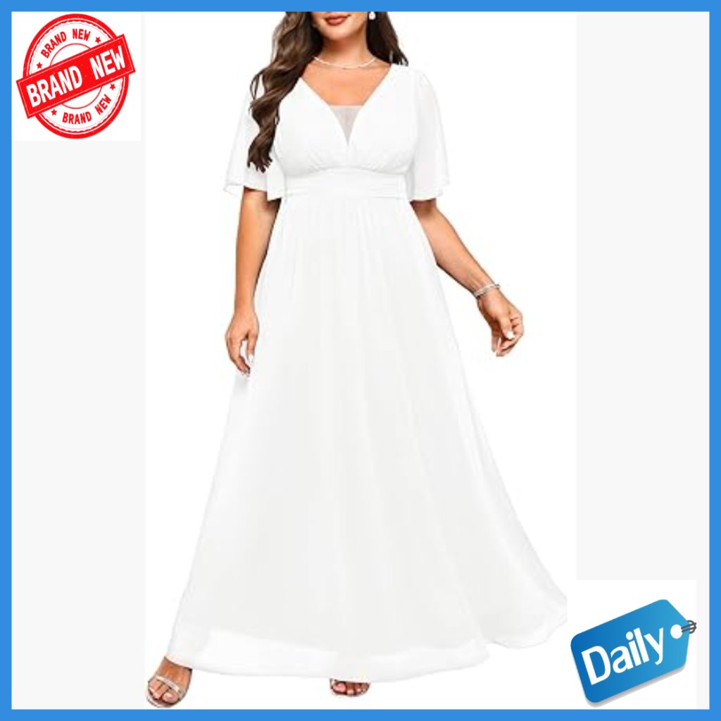 Plus Size Formal Maxi Dress V Neck Flutter Sleeves Chiffon Wedding Guest Gown